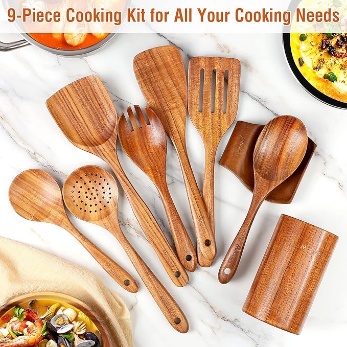 9 Piece Natural Teak Wooden Kitchen Utensil Set with Spoon Rest - Comfort Grip Cooking Spoons and Utensils Holder-Ruum Studio Home