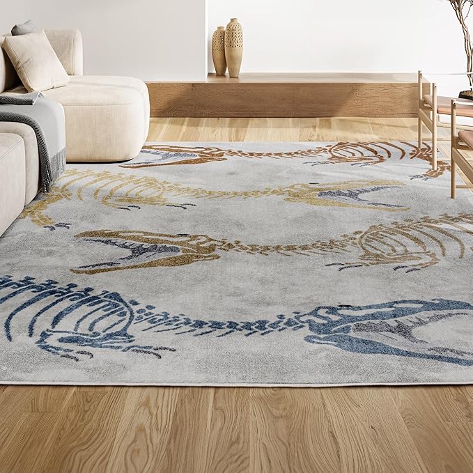 JONATHAN Y Machine-Washable Cream/Multi Indoor Area Rug, 4x6, Kingdarr T-Rex Modern, Casual, Kids & Novelty for Living Room, Dining Room, Bedroom, Kitchen Easy-Cleaning, Non-Shedding (KDW103A-4)-Ruum Studio Home