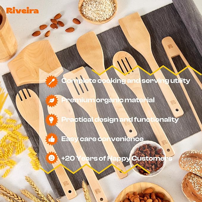Riveira Maple Wooden Spoons for Cooking Set of 9 – Natural Maple Wooden Cooking Utensils, Wooden Spatula, Wooden Spoon - Premium Quality Wooden Utensil Set for Non-Toxic Cooking-Ruum Studio Home