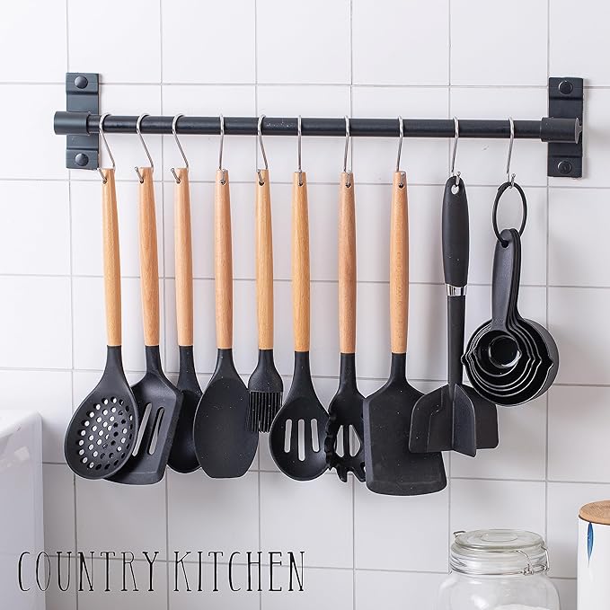 Country Kitchen Non Stick Silicone Utensil Set with Rounded Wood Handles for Cooking and Baking, 38 Piece Set, Black-Ruum Studio Home