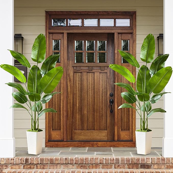 Lifelike Bird of Paradise Silk Artificial Plant Faux Banana Leaf Tree for Home Decor - Perfect Indoor Floor Plant with 11 Trunks (1, White Tall Planter, 6.6 FT)-Ruum Studio Home