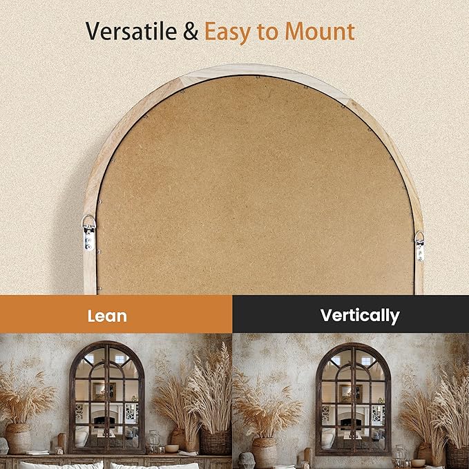 Arched Wall Mirror with Window Design, 38"x26" Rustic Farmhouse Wood Mirror for Wall Decor, Decorative Vintage Arch Mirror for Living Room, Bedroom, Entryway-Ruum Studio Home