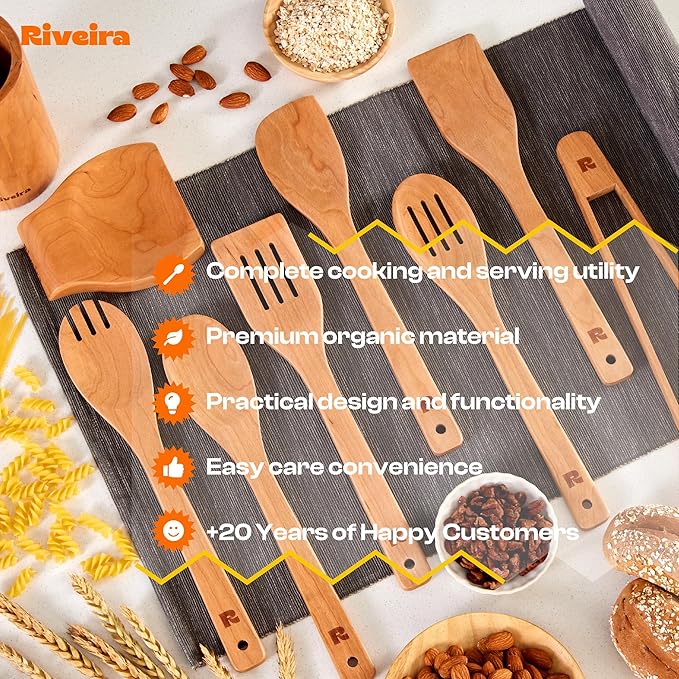 Riveira Cherry Wooden Spoons for Cooking Set of 9 – Natural Cherry Wooden Cooking Utensils, Wooden Spatula, Wooden Spoon - Premium Quality Wooden Utensil Set for Non-Toxic Cooking-Ruum Studio Home
