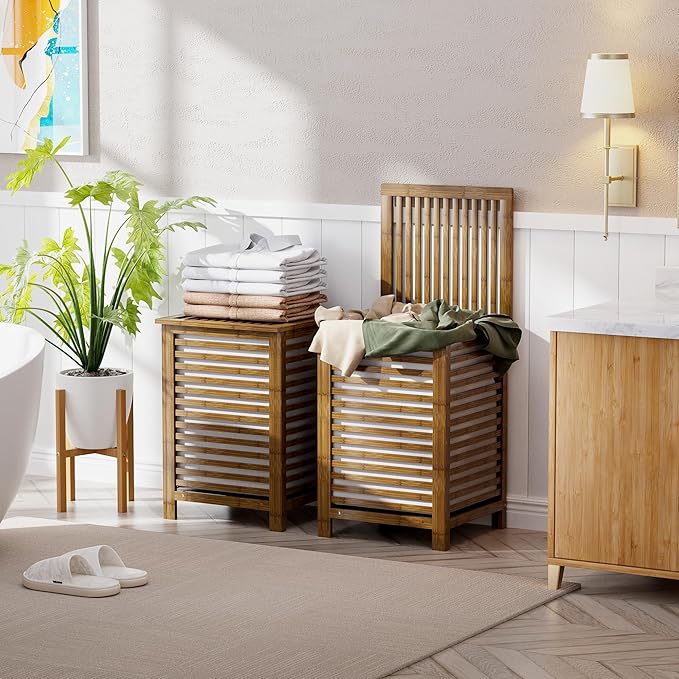 SMIBUY Double Laundry Hamper with Lid, 120L Bamboo Laundry Basket with Removable Liner Bag, 2-Section Clothes Divider Laundry Sorter for Laundry Room, Bathroom, Bedroom (Walnut)-Ruum Studio Home