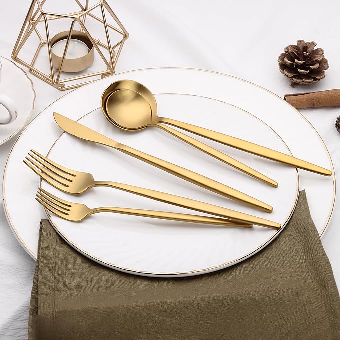 20 Piece Gold Silverware Set for 4, Terlulu Stainless Steel Flatware Set, Gold Cutlery Set Utensils Set, Tableware Include Forks Knives Spoons for Home Kitchen Restaurant Wedding, Satin Finish-Ruum Studio Home