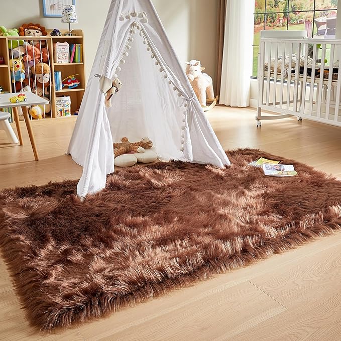 AMTOVO Faux Fur Sheepskin Rug for Living Room, 4 x 6 ft Coffee Fluffy Area Rug for Bedroom, Playroom, Luxury Room Decor, Rectangle-Ruum Studio Home