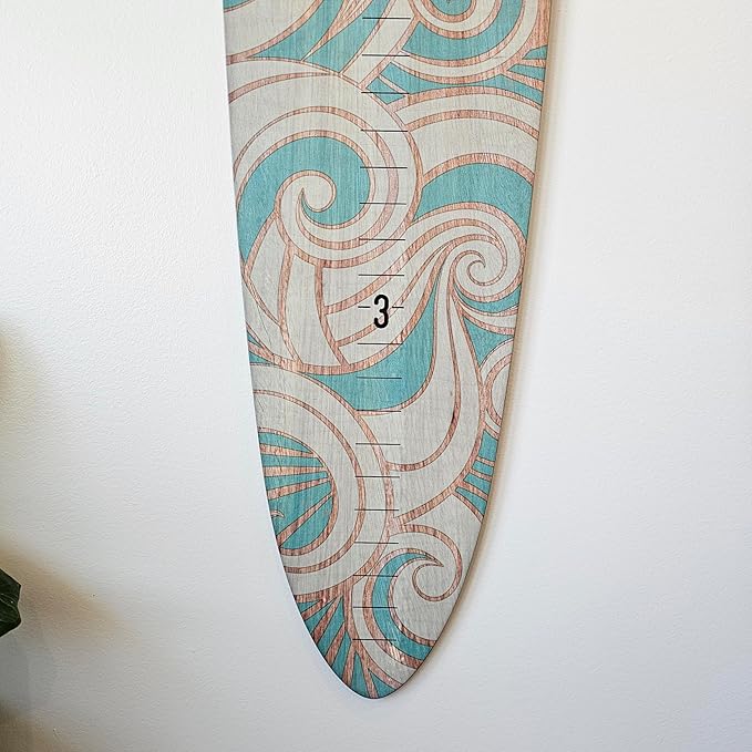 Wooden Surfboard Wall Decor Growth Chart - Surf Board Decor for Kids Room, Wooden Growth Chart for Wall, Surfboard Wall Art, Surfboards for Decoration - Teal Wave (9.5"x 45")-Ruum Studio Home