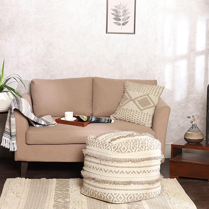 REDEARTH · Tufted Pouf Ottoman with Filler Textured Storage Cube Bean Bag Pouffe Footrest for Living Room, Bedroom, Nursery, Kidsroom; 100% Cotton (17.5"X17.5"X17.5", Geometric Craft Taupe)-Ruum Studio Home