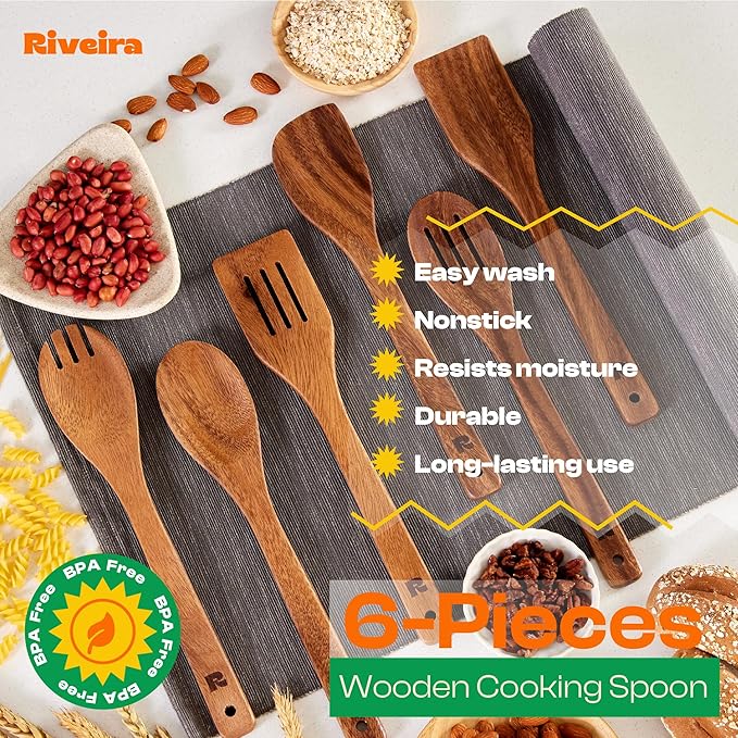 Riveira Walnut Wooden Spoons for Cooking Set of 6 – Natural Walnut Wooden Cooking Utensils, Spatula, Spoon - Premium Quality Utensil Set for Non-Toxic Cooking-Ruum Studio Home