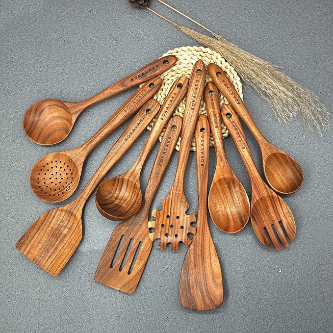 Wooden Spoons for Cooking,10 Pcs Natural Teak Wooden Kitchen Utensils Set Wooden Utensils for Cooking Wooden Cooking Utensils Wooden Spatulas for Cooking-Ruum Studio Home