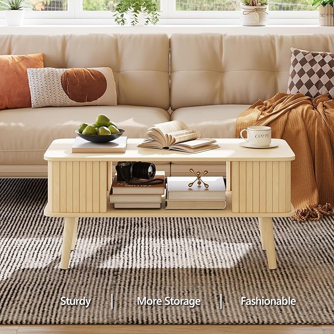LAZZO Coffee Table with Storage Center Table for Living Room Rectangle Coffee Table with Rounded Edges,Easy Assembly, Natural Wood-Ruum Studio Home