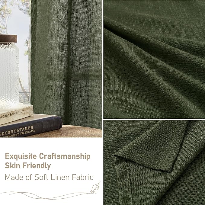 LAMIT Olive Green Linen Curtains 84 inch Length, Soft Linen Textured Light Filtering Semi Sheer Panels with Bronze Grommet for Bedroom/Living Room, 2 Panels, 34 x 84 Inch-Ruum Studio Home