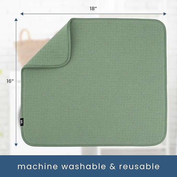 S&T INC. Dish Drying Mat, 16” x 18”, Absorbent Microfiber Kitchen Counter Mat, Dish Drying Pad for Dishes, Utensils, Pots and Pans, Large, Sage Green-Ruum Studio Home