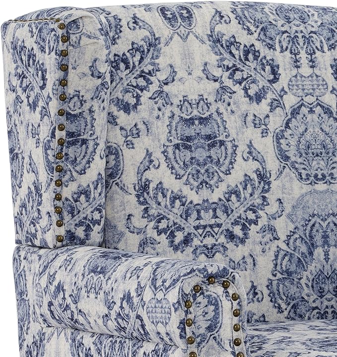 UIXE High Back Floral Accent Chair, Fabric Upholstered Armchair for Living Room, Retro Wingback Arm Chair with Solid Wood Legs, Nailhead Trim Single Sofa Bedroom Reading Seat - Navy Blue-Ruum Studio Home