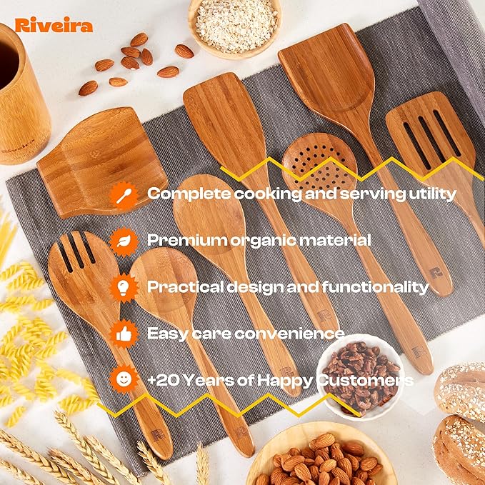 Riveira Natural Bamboo Wooden Cooking Utensils Set of 9 Premium Quality Non-Toxic Wooden Spoons and Spatulas for Cooking-Ruum Studio Home