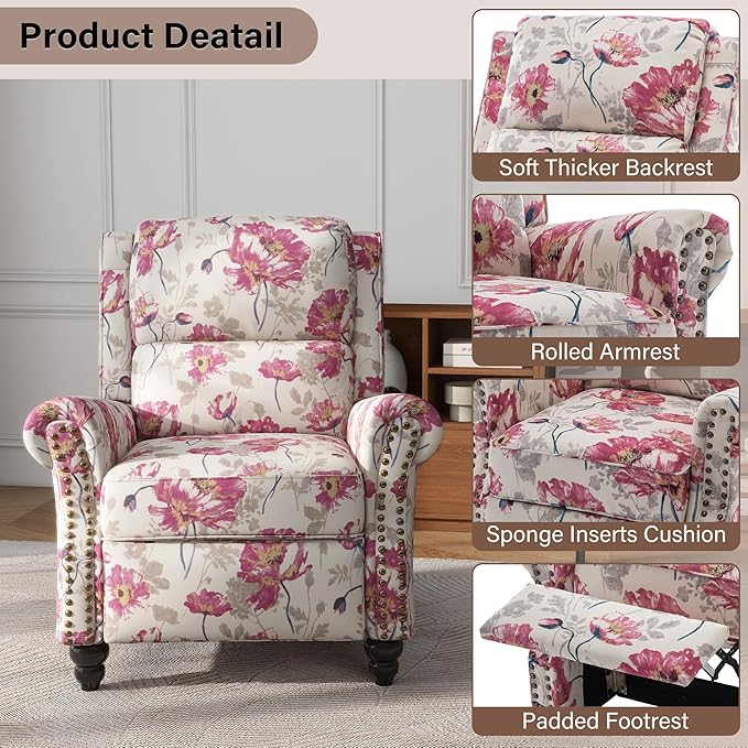 UIXE Pushback Recliner Chairs Set of 2, Fabric Armchair Push Back Accent Chair, Rivet Trim Club Chair Home Theater Overstuffed Single Sofa Reading Seat for Living Room, Pattern-Ruum Studio Home