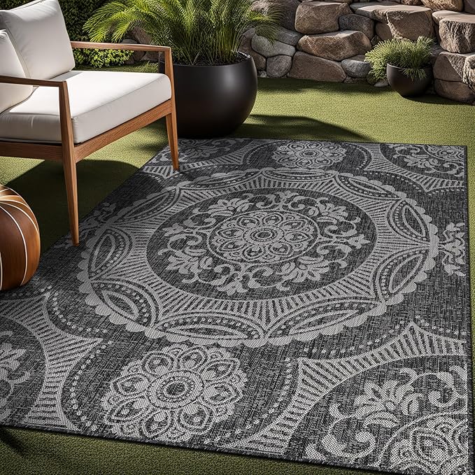 Medallion Outdoor Rug 9x12 Washable Outside Carpet for Indoor Patio Porch Waterproof Easy Cleaning Non Shedding Area Rugs Dark Gray 9 x 12-Ruum Studio Home