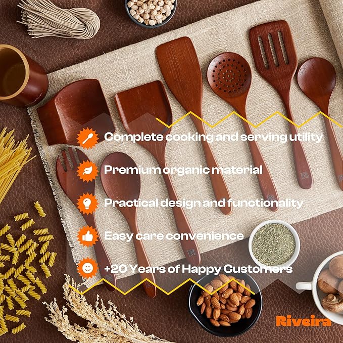 Riveira Set of 9 Premium Brown Bamboo Cooking Utensils - Bamboo Utensils for Cooking - Non-Toxic Utensils - Wooden Kitchen Set for Non-Stick Cookware-Ruum Studio Home