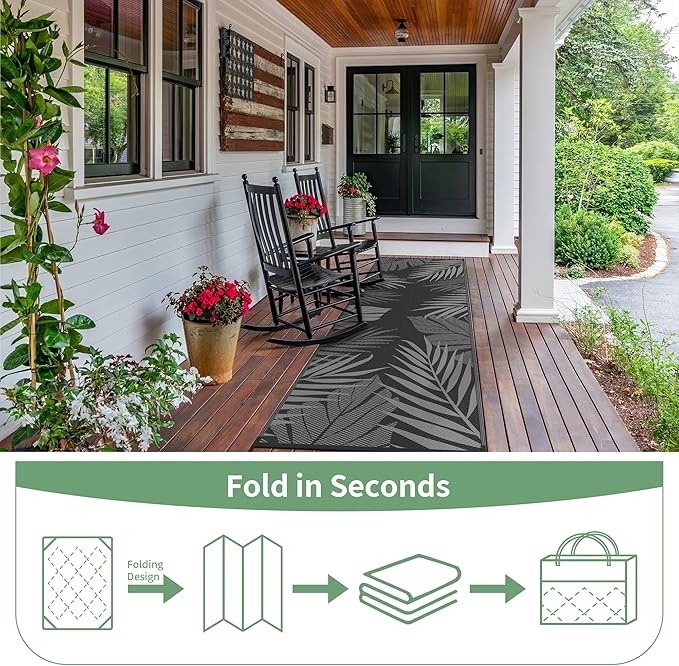 GENIMO Outdoor Rug 2.5' x 8' Waterproof for Patios Clearance, Reversible Outdoor Plastic Straw Camping Rug Carpet, Large Area Rugs Mats for RV, Camper, Deck, Balcony, Porch, Beach, Picnic, Black&Grey-Ruum Studio Home