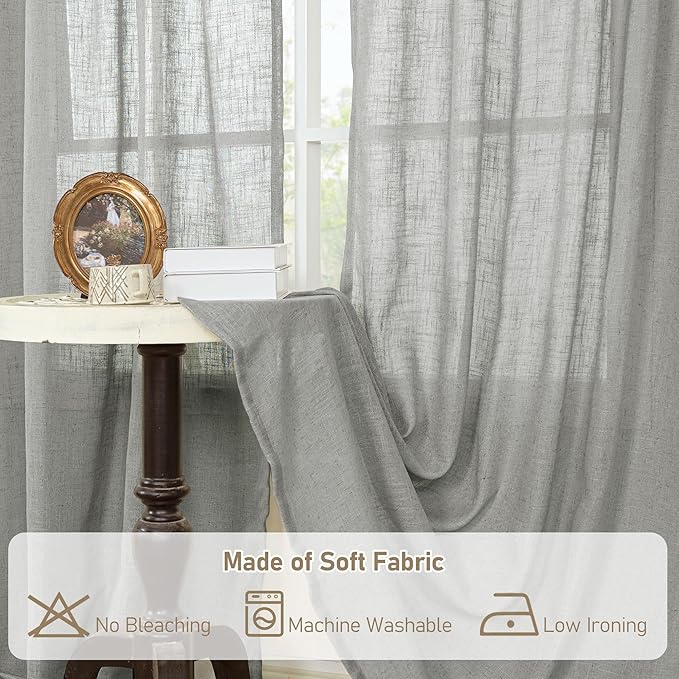 LAMIT Grey Linen Curtains 95 inch for Living Room, Semi Sheer Light Filtering Boho Window Textured Burlap Drapes with Bronze Grommet for Bedroom Farmhouse, 2 Panels Set, 52 x 95 Inch-Ruum Studio Home