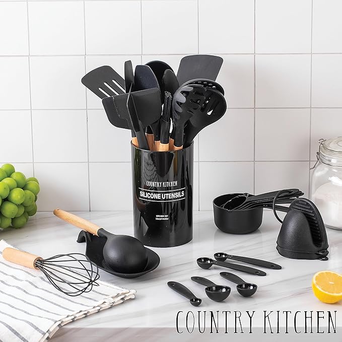Country Kitchen Non Stick Silicone Utensil Set with Rounded Wood Handles for Cooking and Baking, 38 Piece Set, Black-Ruum Studio Home