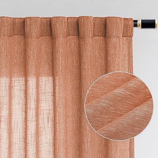 MYSKY HOME Orange Curtains for Bedroom, Short Curtains for Small Window, Boho Semi Sheer 2 Panel Set, Linen Style Texture for Closet/Kitchen, 50"x63", Burnt Orange-Ruum Studio Home