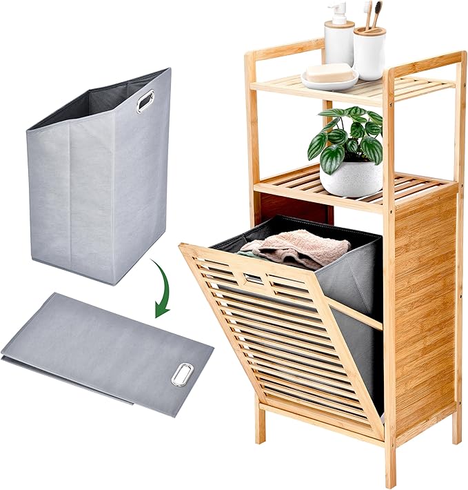 Prosumer’s Choice Bamboo Tilt-Out Laundry Hamper with 2-Tier Storage Shelves – Freestanding Clothes Hamper with Removable Liner, Space-Saving Design for Bathroom or Bedroom – 15.5”L x 11.8”W x 37.4”H-Ruum Studio Home