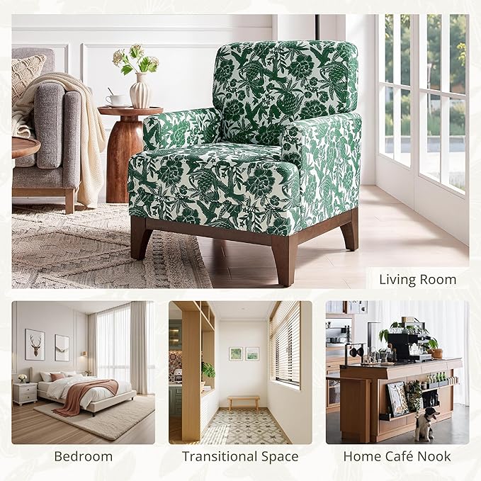 Floral Accent Armchair, Retro Wingback Upholstered Armchair with Wide Dipped Back Design and Wooden Legs, High Back Armchair, Leisure Single Sofa Chair for Living Room, Bedroom, Balcony, Green-Ruum Studio Home