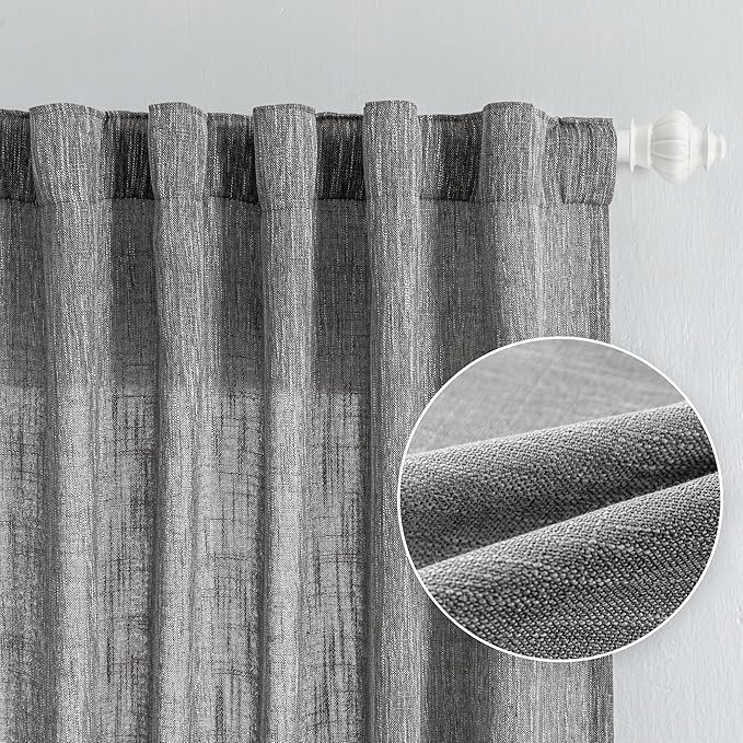 MYSKY HOME Sheer Curtains for Bedroom, Kitchen Curtain Panels Cotton Polyester Blend Fabric Linen Look Texture Light Filtering Privacy Drapes, Farmhouse Home Decor, 50" x 63", Dark Grey, 2 Pieces-Ruum Studio Home