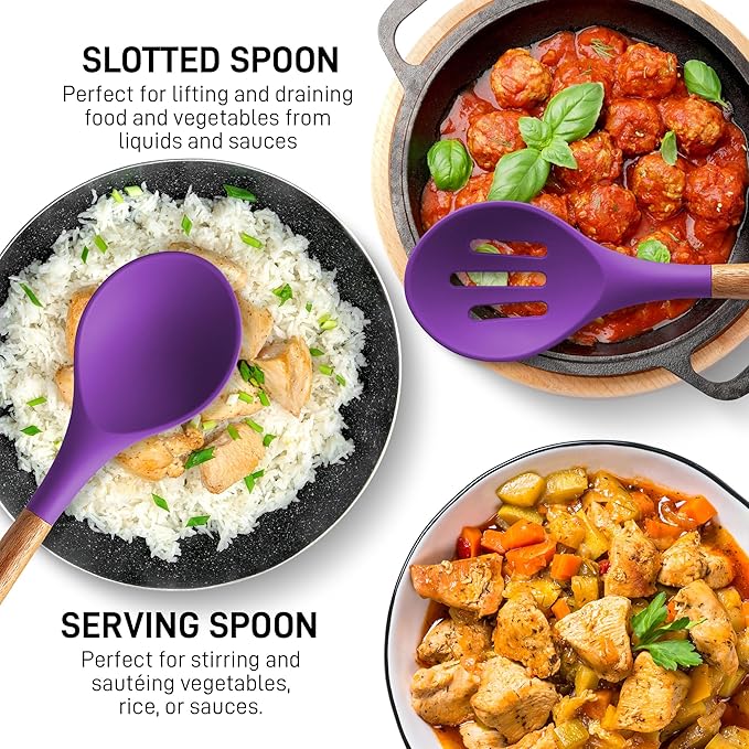 Zulay Kitchen Non-Stick Cooking Utensils Set with Authentic Acacia Wood Handles – 5-Piece Durable & Stylish Silicone Kitchen Utensils Set – Heat Resistant to 464°F – Purple-Ruum Studio Home