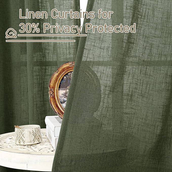 LAMIT Olive Green Linen Curtains 84 inch Length, Soft Linen Textured Light Filtering Semi Sheer Panels with Bronze Grommet for Bedroom/Living Room, 2 Panels, 34 x 84 Inch-Ruum Studio Home