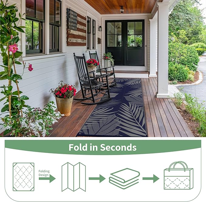 GENIMO Outdoor Rug 2.5' x 8' Waterproof for Patios Clearance, Reversible Outdoor Plastic Straw Camping Rug Carpet, Large Area Rugs Mats for RV, Camper, Deck, Balcony, Porch, Beach, Picnic, Blue&Grey-Ruum Studio Home