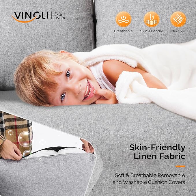 VINGLI 47" Small Couch, Linen Loveseat Sofa Light Grey Mini Couch Mid Century Modern Decor Love Seat for Small Spaces Living Room, Bedroom, Play Room