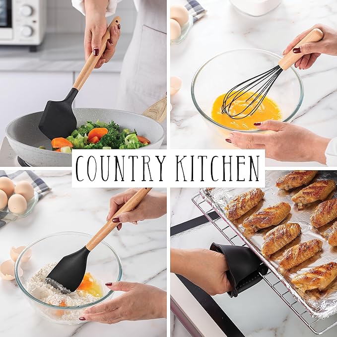 Country Kitchen Non Stick Silicone Utensil Set with Rounded Wood Handles for Cooking and Baking, 38 Piece Set, Black-Ruum Studio Home