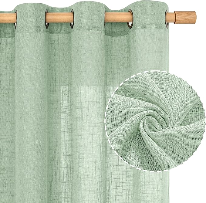 LAMIT Fresh Green Linen Sheer Curtains 45 inch for Kitchen, Soft Thick Light Filtering Boho Decor Neutral Drapes with Bronze Grommet for Basement/Window, 2 Panels, 34 x 45 Inch-Ruum Studio Home