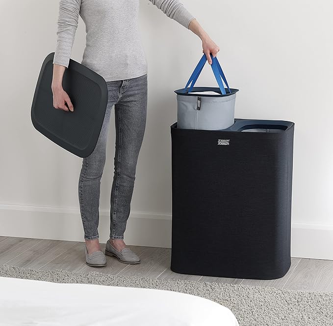 Joseph Joseph Tota 90 liter/23.8 gallon Laundry Hamper Separation Basket with lid, 2 Removable Washing Bags with Handles - Black-Ruum Studio Home