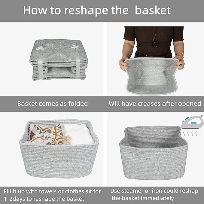 Cotton Rope storage Basket Bins Woven Basket for Organizing Shelves 14.5X9.5X9.3“ Rectangle Decorative Baskets For storage Clothes Toys Books Towels Square Wicker Nursery basket organizer 3 pack grey-Ruum Studio Home