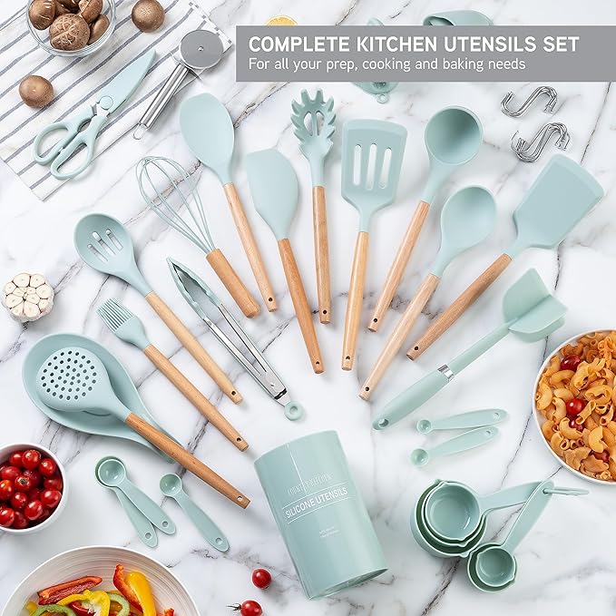 Country Kitchen Non Stick Silicone Utensil Set with Rounded Wood Handles for Cooking and Baking, 38 Piece Set, Mint-Ruum Studio Home