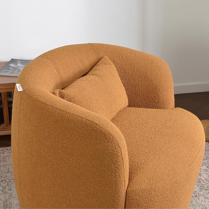 KINWELL 34" Wide Boucle Swivel Barrel Chair, No Assembly Round Upholstered Armchair Accent Chair Single Sofa Chair with Toss Pillow for Living Room and Bedroom, Brown-Ruum Studio Home