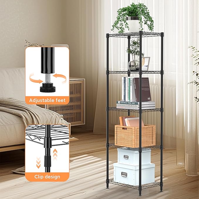5 Tiers Shelf Metal Storage Shelves Wire Rack Closet Organizers with Wheel for Garage Kitchen Bathroom Laundry Black 11.8" D x 17.7" W x 55" H-Ruum Studio Home