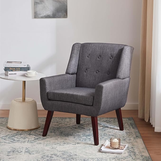 HUIMO Accent Chair Living Room Chair, Upholstered Button Tufted Armchair, Linen Fabric Sofa Chairs for Bedroom, Living Room, Mid Century Modern Comfy Reading Chair (Grey)-Ruum Studio Home