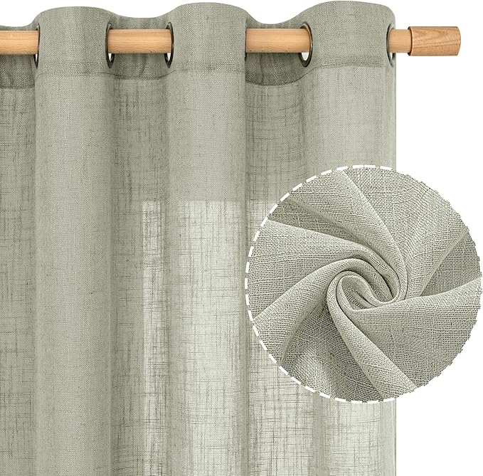 LAMIT Short Linen Curtains 40 Inch Length, Sage Grey Small Window Semi Sheer Drapes Light Filtering Bronze Grommet Neutral Panels for Cafe/Basement, 2 Panels Set, 34 x 40 Inch-Ruum Studio Home