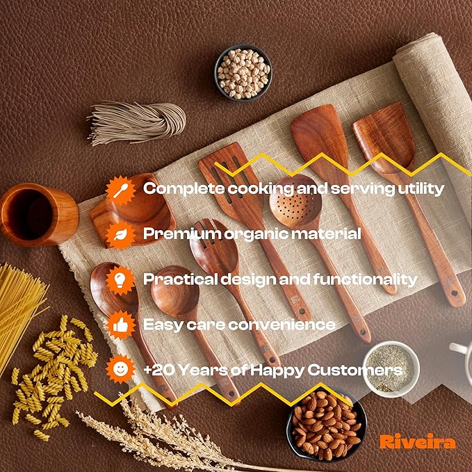 Riveira's 9-Piece Dark Brown Kitchen Essentials Wooden Cooking Utensils Set - Complete Kitchen Utensils Set for Gourmet Results-Ruum Studio Home