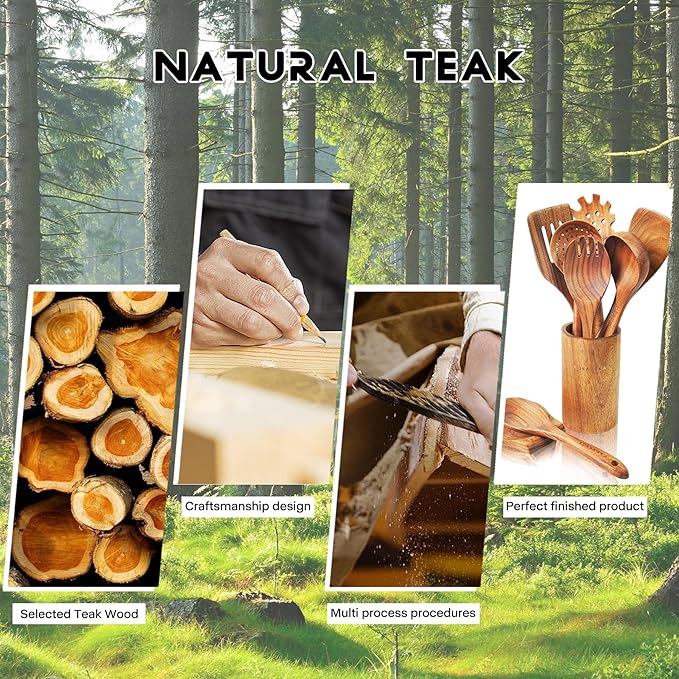 Teak Wooden Spoons for Cooking - 9 Pcs Comfort Grip Kitchen Utensil Set with Holder & Rest-Ruum Studio Home