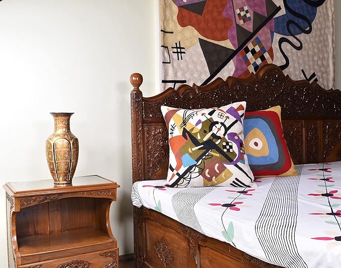 Kandinsky Abstract Pillow Cover - White Modern Throw Pillowcase Cream Chair Cushion Contemporary Farmhouse Pillows Modern Couch Handmade Wool Size 18x18-Ruum Studio Home