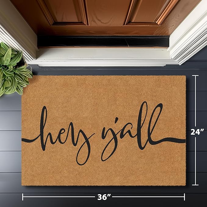 Barnyard Designs Natural Coco Coir Heavy Duty Backing Doormat - Large Cute Non-Slip Front Door Welcome Mat for Outside Entrance or Porch Entry, Brown (24x36, Y'all)-Ruum Studio Home