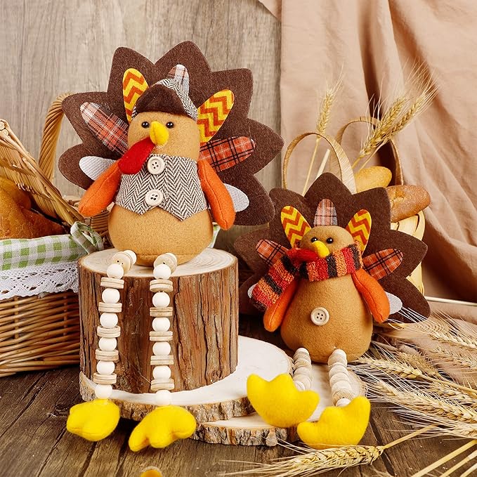 winemana Thanksgiving Decorations Set of 2 Turkeys with Dangling Legs, Mr and Mrs Turkey Couple Plush Tabletop Centerpieces for Fall Harvest Home Kitchen Shelf-Ruum Studio Home