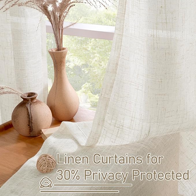LAMIT Ivory Sheer Linen Curtains 63 inch Length for Bedroom, Semi Sheer Light Filtering Window Treatments Neutral Bronze Grommet Drapes for Living Room, Cream Ivory, 2 Panels Set, 52 x 63 Inch-Ruum Studio Home