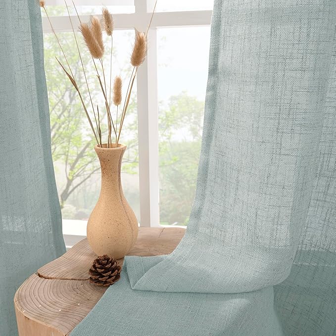 LAMIT Short Linen Curtains 40 Inches Long for Small Window, Bronze Grommet Linen Drapes Light Filtering Sheer Window Curtains for Kitchen, Set of 2 Panels (34 x 40 Inch, Greyish Blue)-Ruum Studio Home