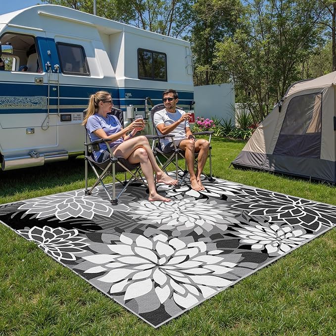 Indoor Outdoor Area Rug Washable Multicolored Rug Tropical Botanical Modern Floral Indoor Outdoor Carpet Black White Rug Non Slip Non Shedding for Patio, Deck, Backyard, Porch (9x12)-Ruum Studio Home